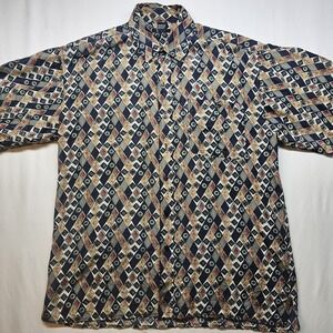 Volare Men's Button Front Shirt L 75% Silk Geometric Diamond Pattern Vintage 90s